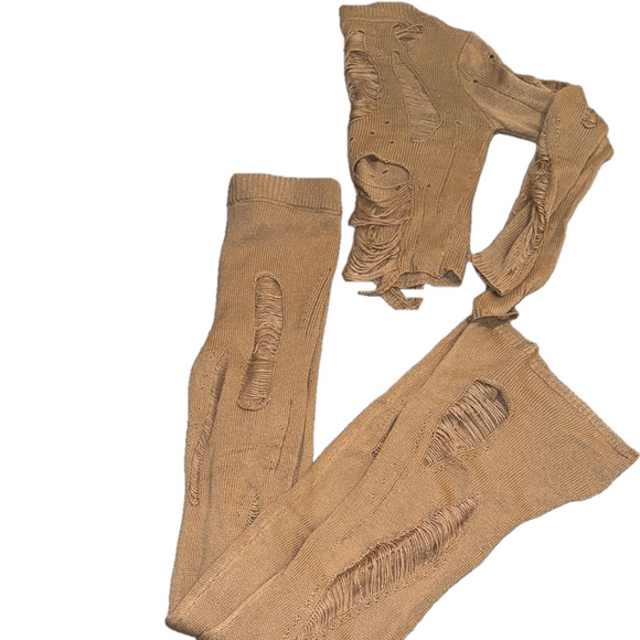 Distressed Knit Sweater and Pants Set - Brown - Picture 1 of 2